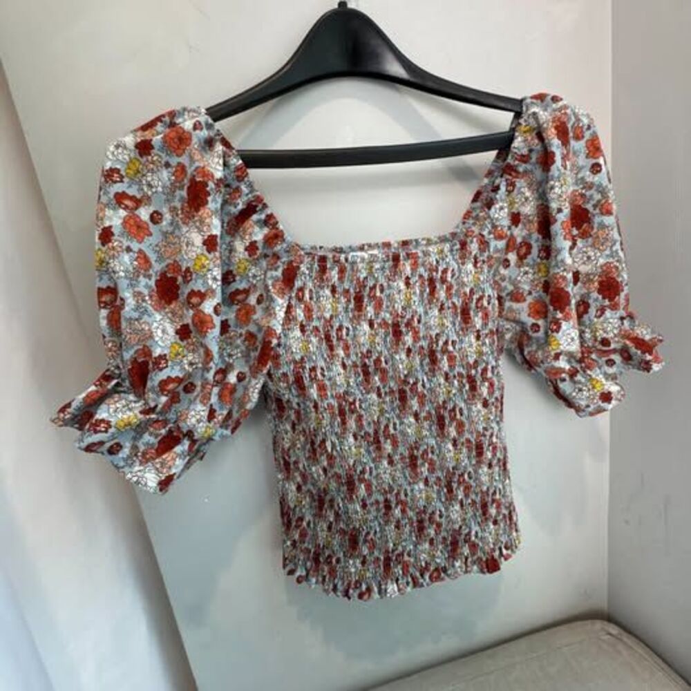 Cozy Co Smocked Floral Top Womens M Boho Puff Sleeve Cottagecore Blouse